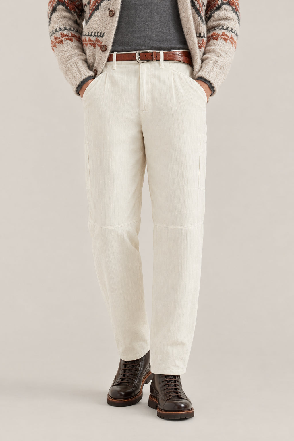 BRUNELLO CUCINELLI MEN'S ENGLISH WHITE COTTON RELAXED TROUSERS