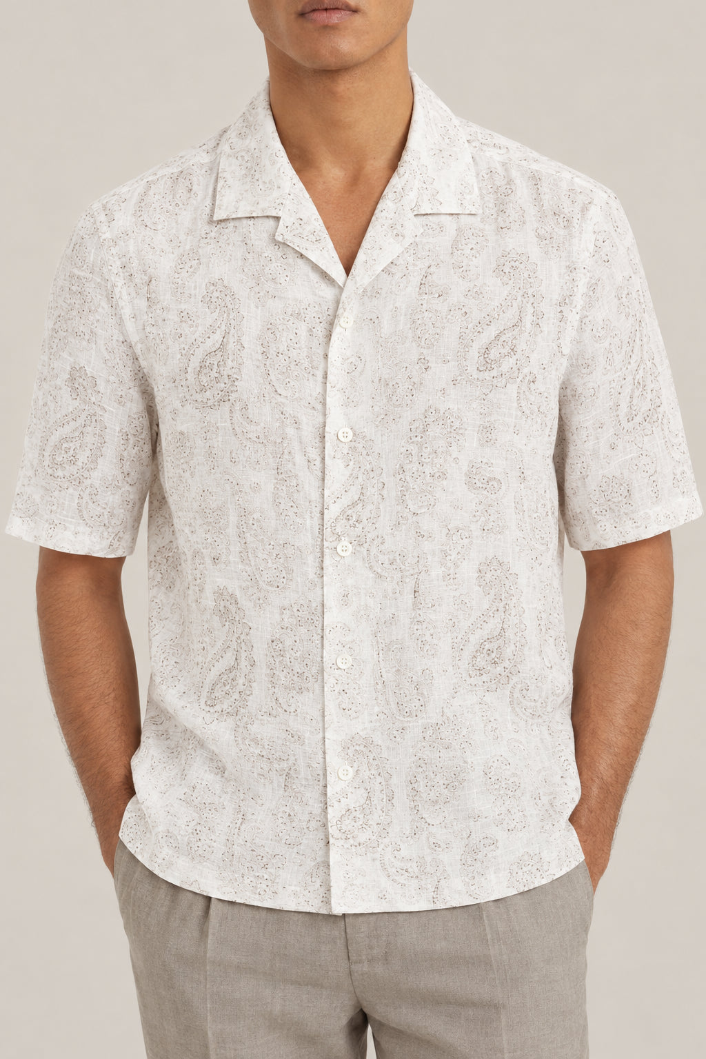 BRUNELLO CUCINELLI MEN'S BROWN SAGE LINEN SHORT SLEEVE SHIRT