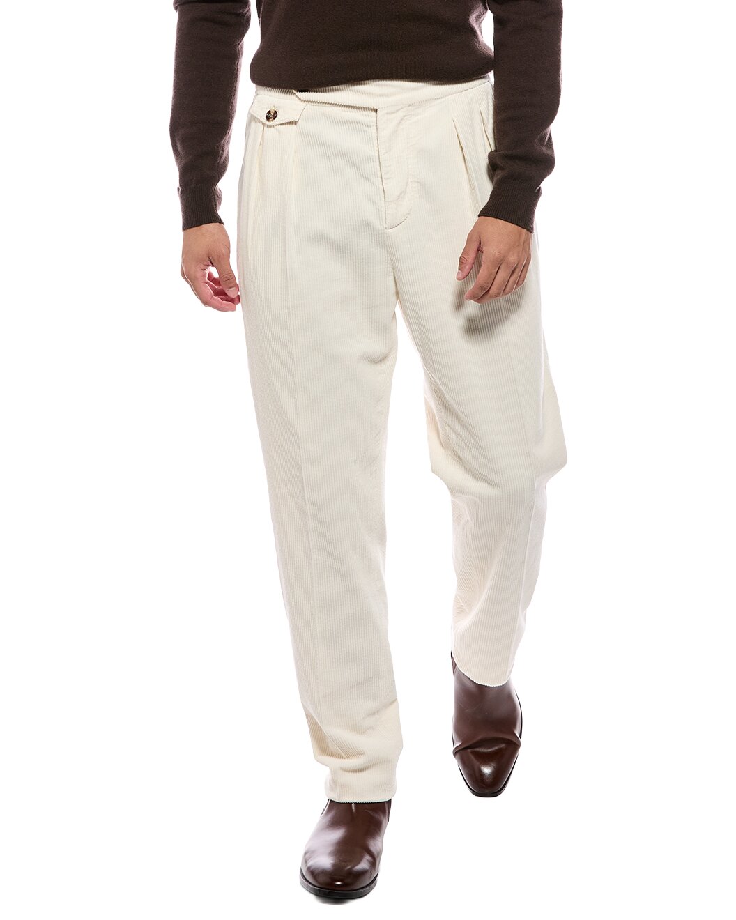 BRUNELLO CUCINELLI MEN'S OFF WHITE PLEATED COTTON TROUSERS