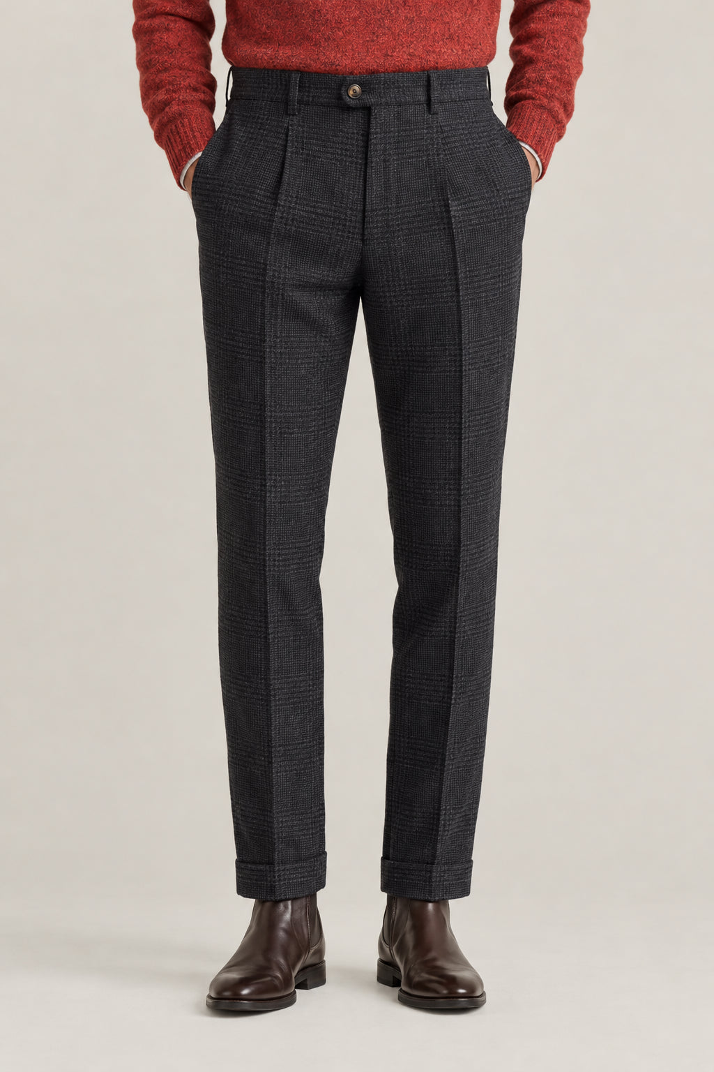 BRUNELLO CUCINELLI MEN'S ANTHRACITE WOOL SILK CHECKED TROUSERS