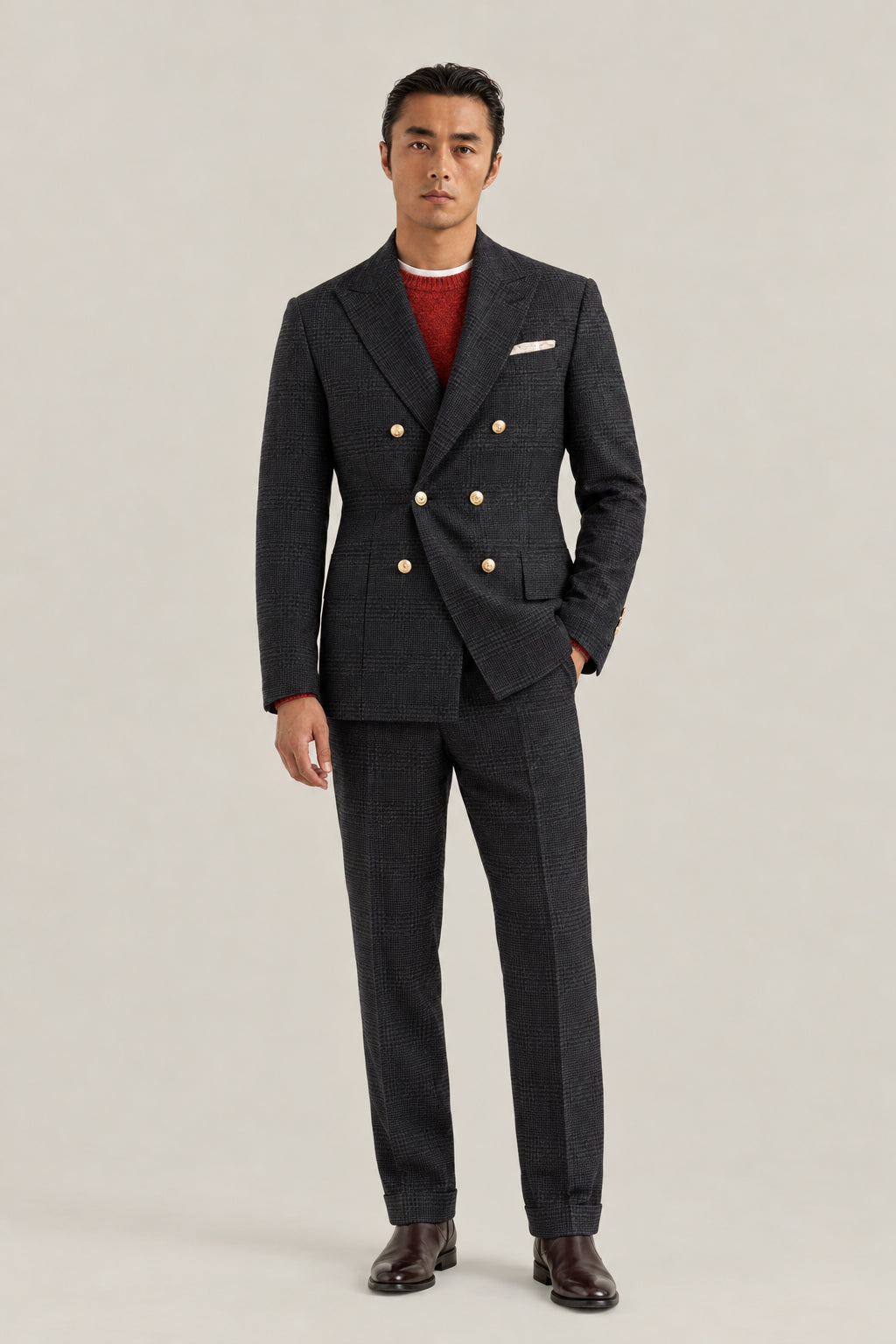 BRUNELLO CUCINELLI MEN'S ANTHRACITE WOOL DOUBLE BREASTED CHECKED SUIT