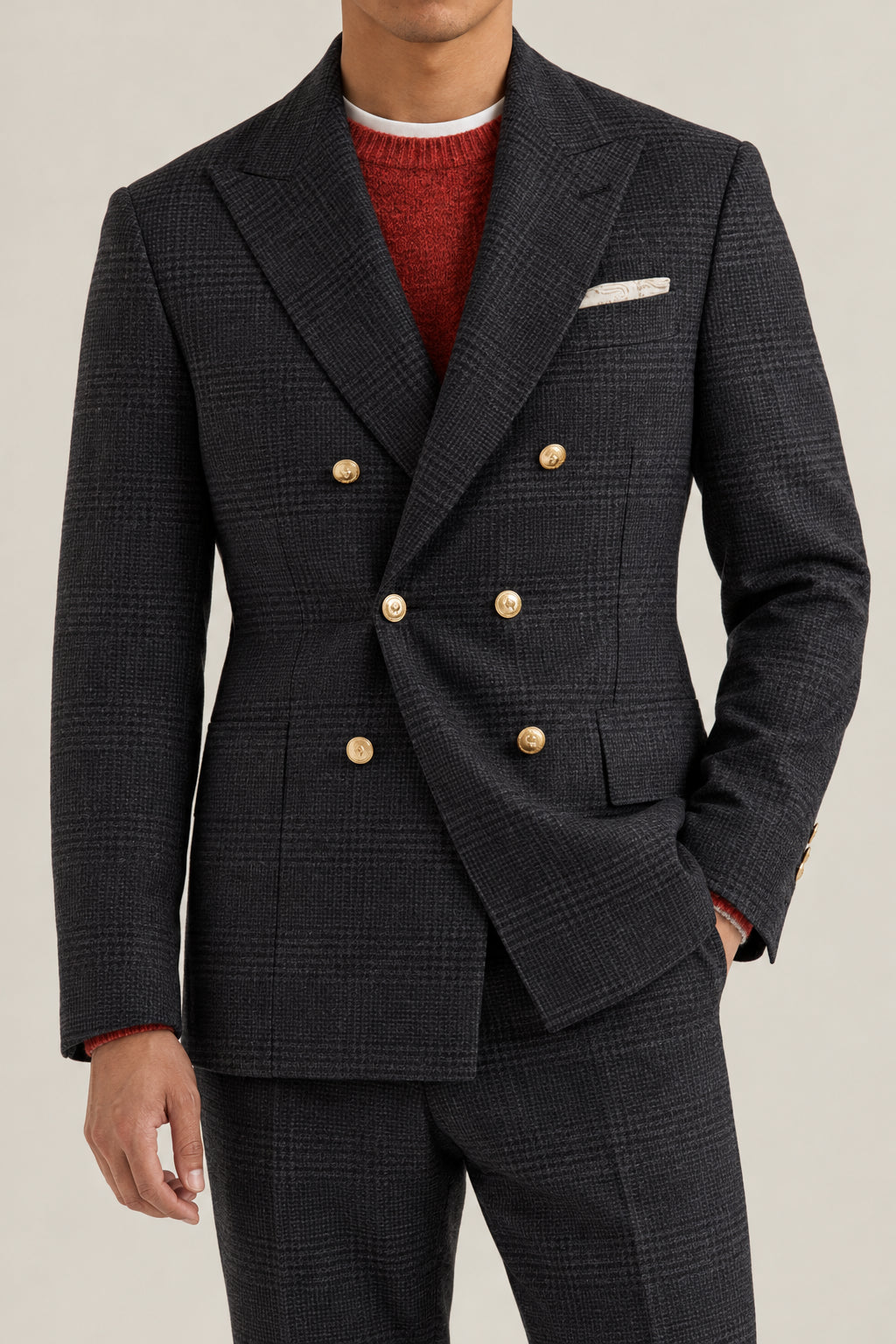 BRUNELLO CUCINELLI MEN'S ANTHRACITE WOOL DOUBLE BREASTED CHECKED SUIT