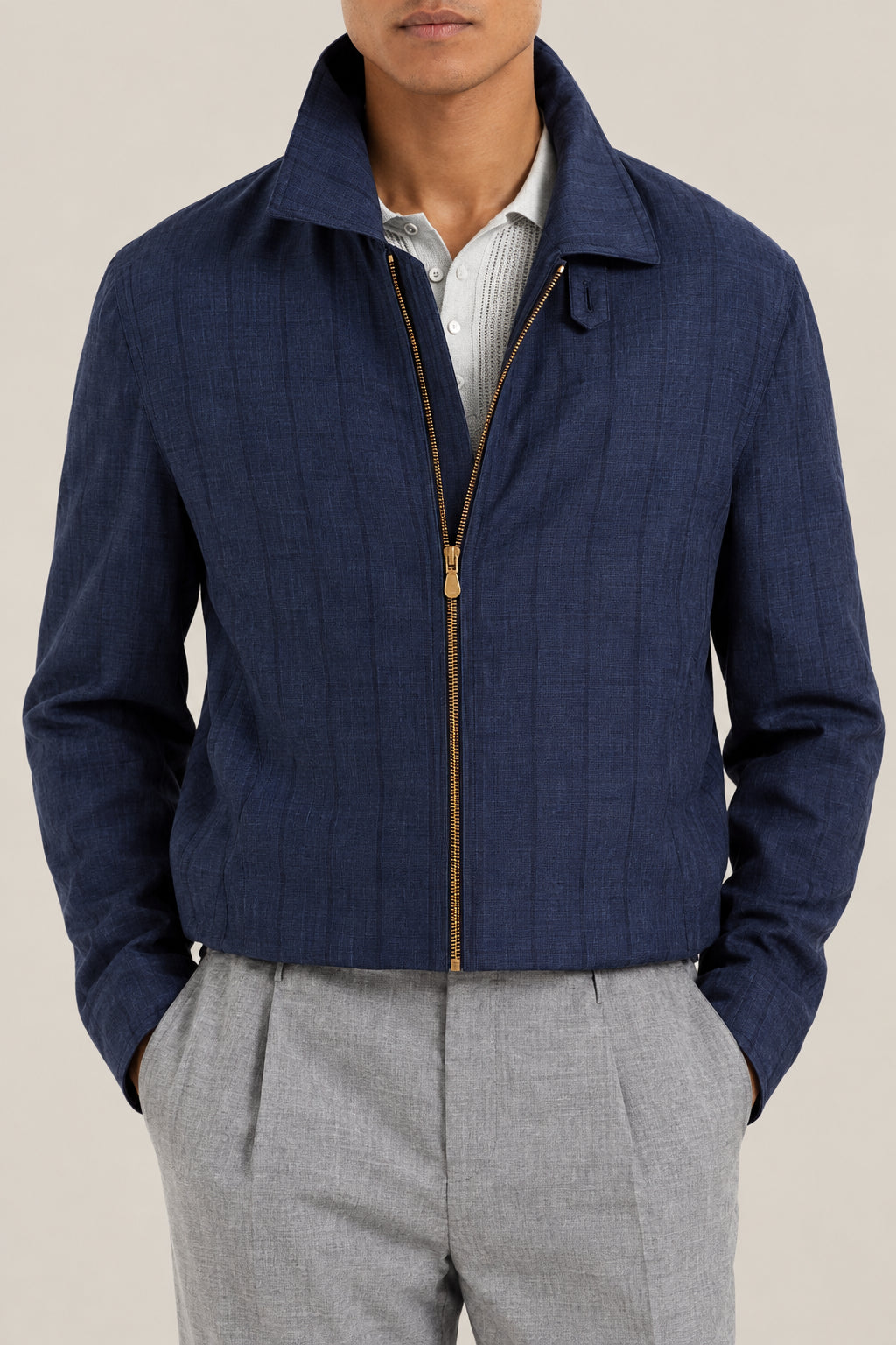 BRUNELLO CUCINELLI MEN'S NAVY WOOL LINEN SILK BLEND ZIP JACKET