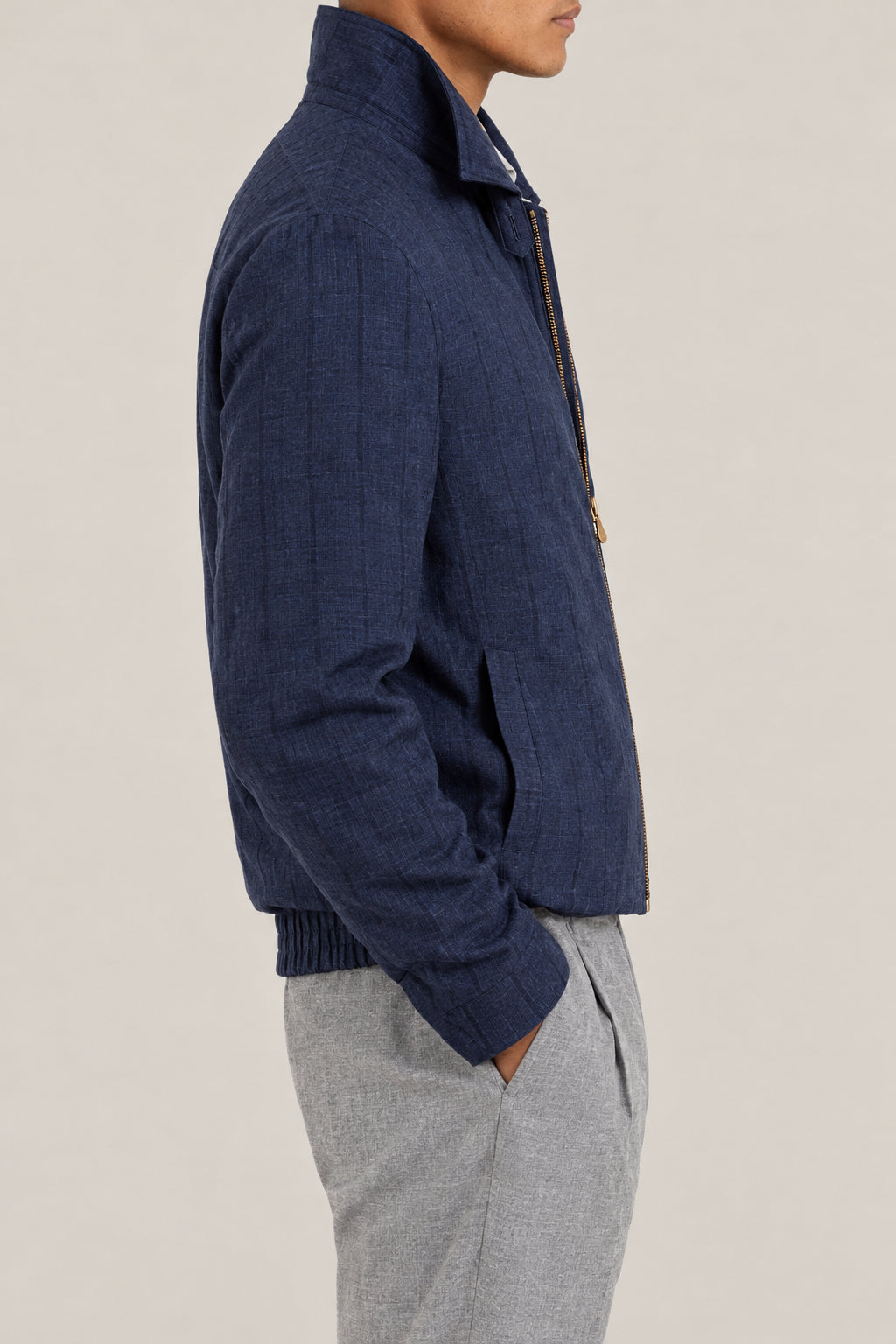 BRUNELLO CUCINELLI MEN'S NAVY WOOL LINEN SILK BLEND ZIP JACKET