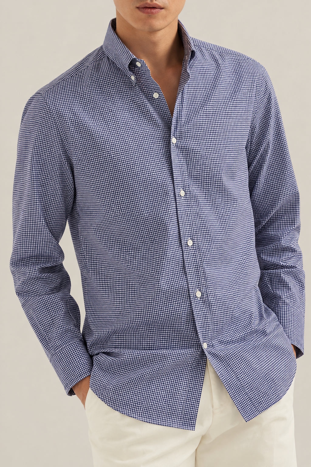 BRUNELLO CUCINELLI MEN'S BLUE COTTON CHECK BUTTON DOWN SHIRT