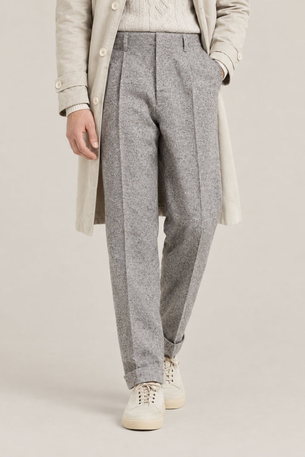 BRUNELLO CUCINELLI MEN'S STONE WOOL SILK PLEATED TROUSERS