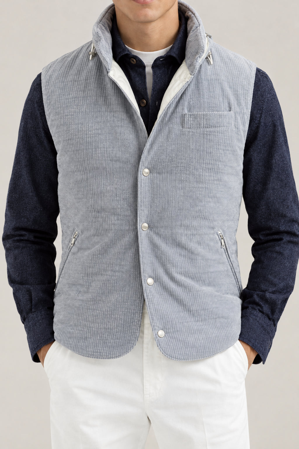 BRUNELLO CUCINELLI MEN'S LIGHT GREY CORDUROY VEST