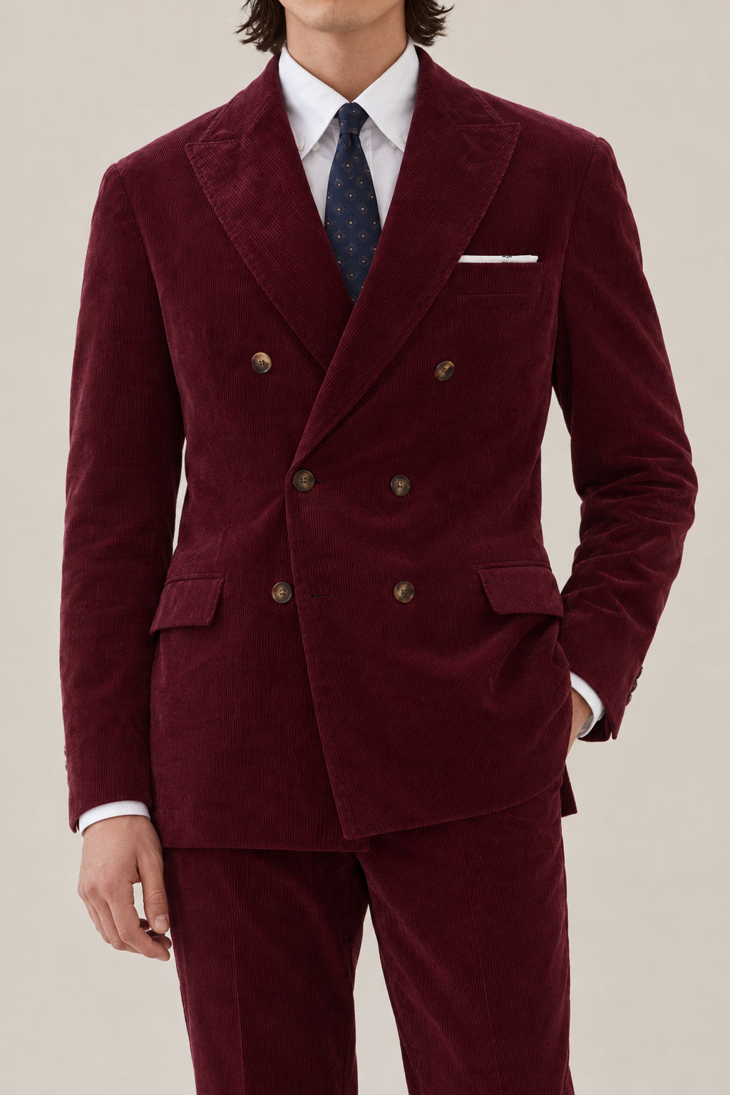 BRUNELLO CUCINELLI MEN'S AMARANTH DOUBLE BREASTED COTTON WOOL SUIT