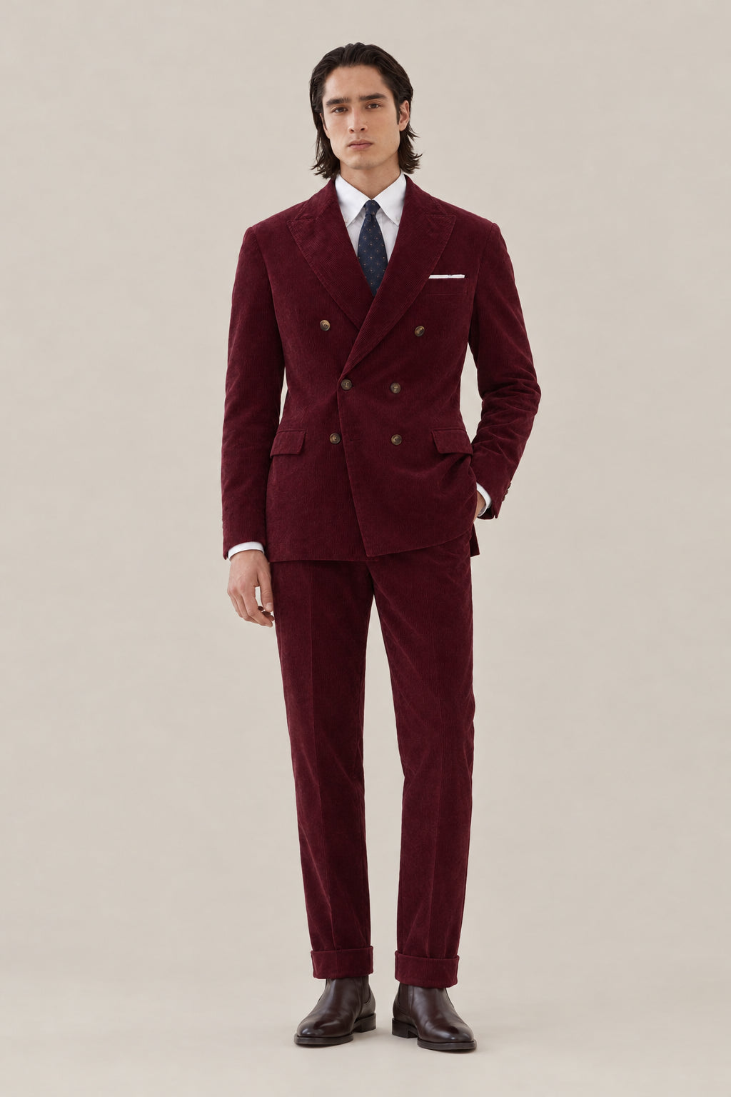 BRUNELLO CUCINELLI MEN'S AMARANTH DOUBLE BREASTED COTTON WOOL SUIT