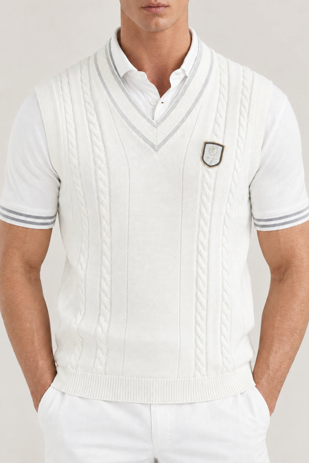 BRUNELLO CUCINELLI MEN'S OFF WHITE CABLE KNIT SLEEVELESS SWEATER