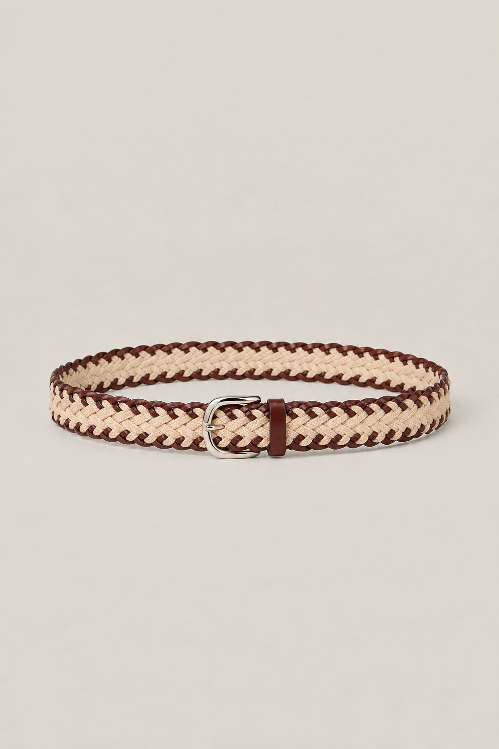 BRUNELLO CUCINELLI MEN'S BROWN AND BEIGE BRAIDED COTTON LINEN BELT