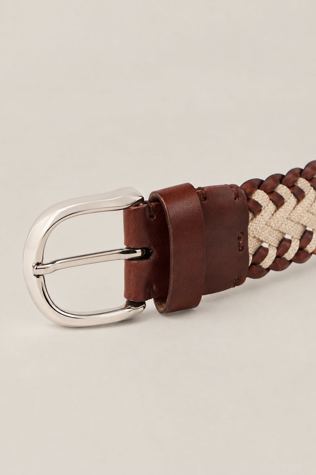 BRUNELLO CUCINELLI MEN'S BROWN AND BEIGE BRAIDED COTTON LINEN BELT