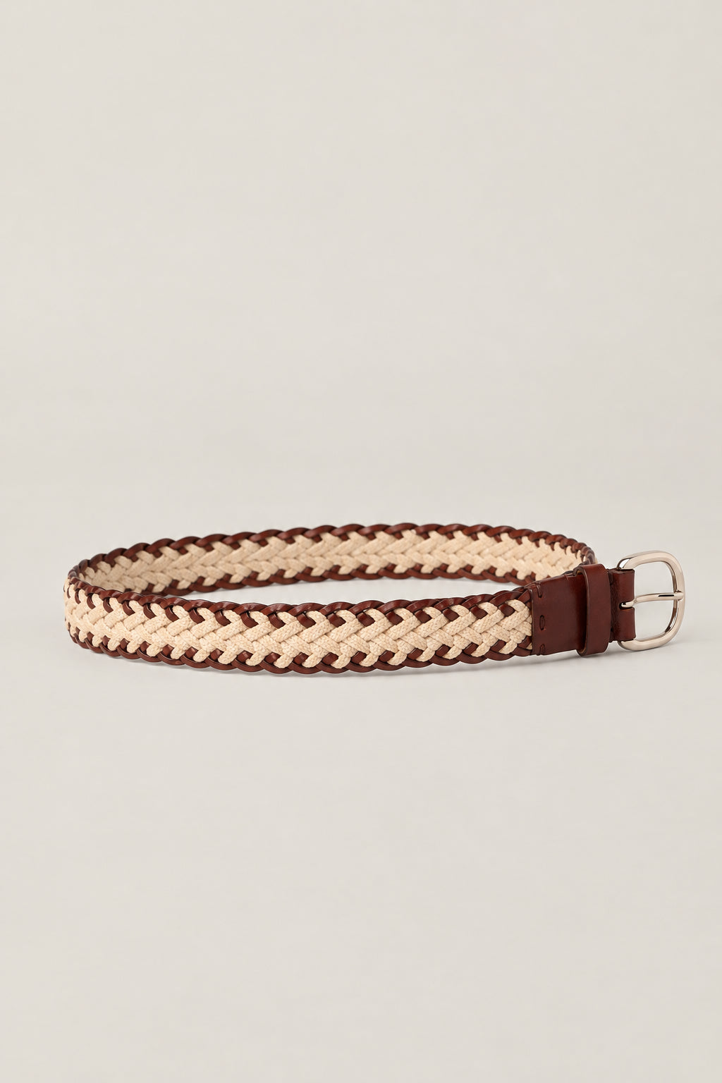 BRUNELLO CUCINELLI MEN'S BROWN AND BEIGE BRAIDED COTTON LINEN BELT