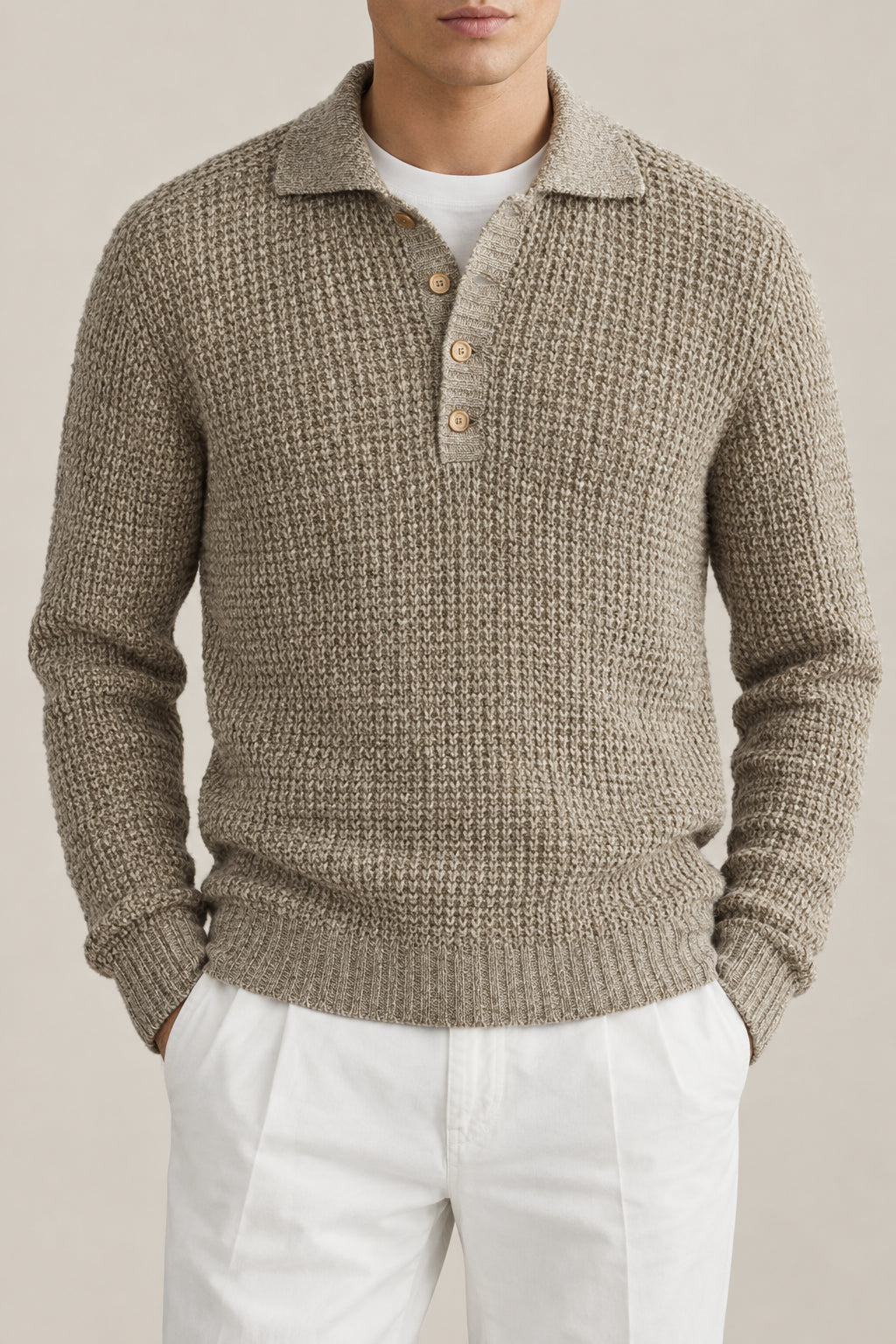 BRUNELLO CUCINELLI MEN'S BEIGE DARK GREY WOOL LINEN KNIT SWEATER