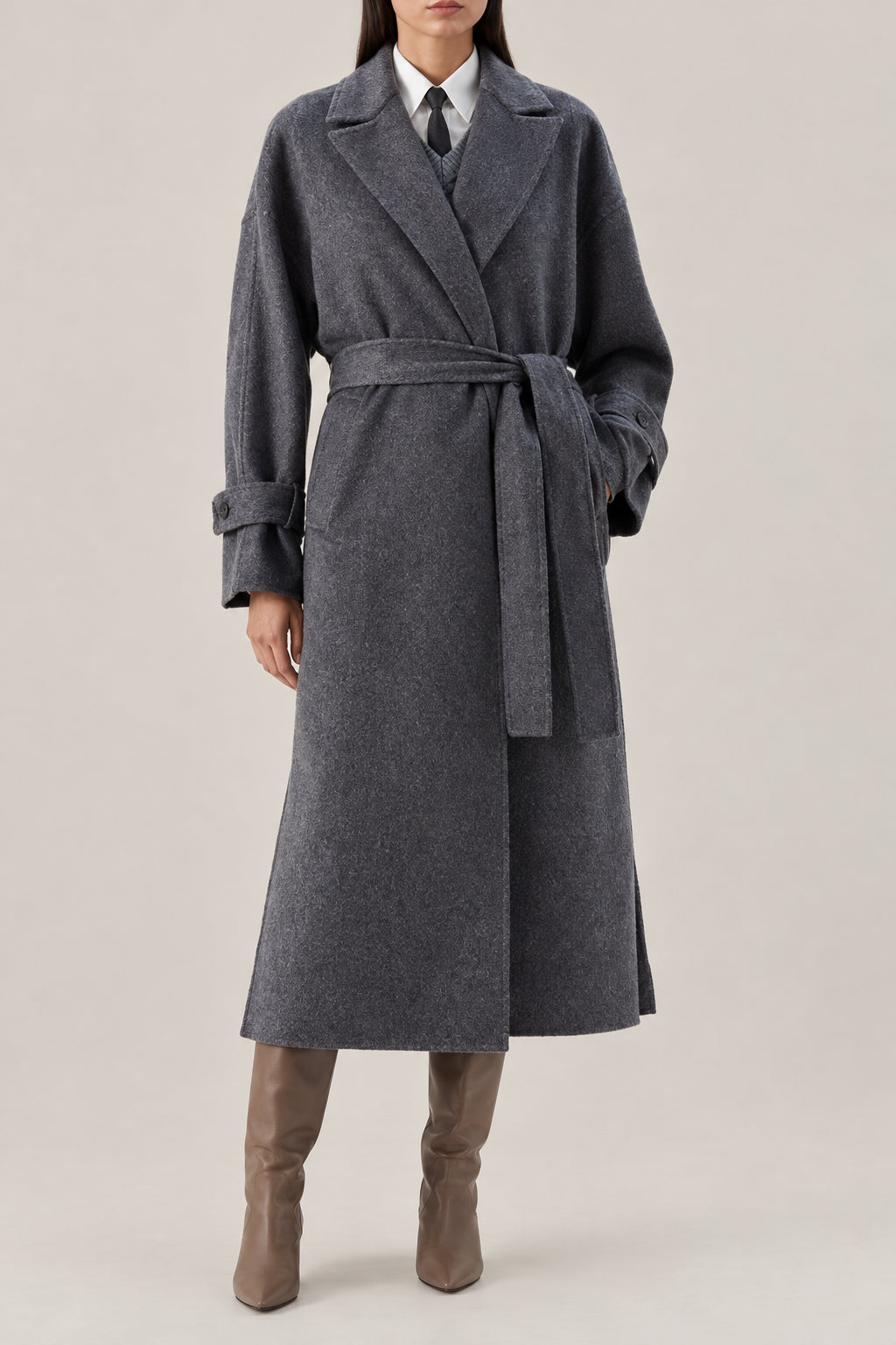 BRUNELLO CUCINELLI WOMEN'S LEAD WOOL BELTED LONG COAT
