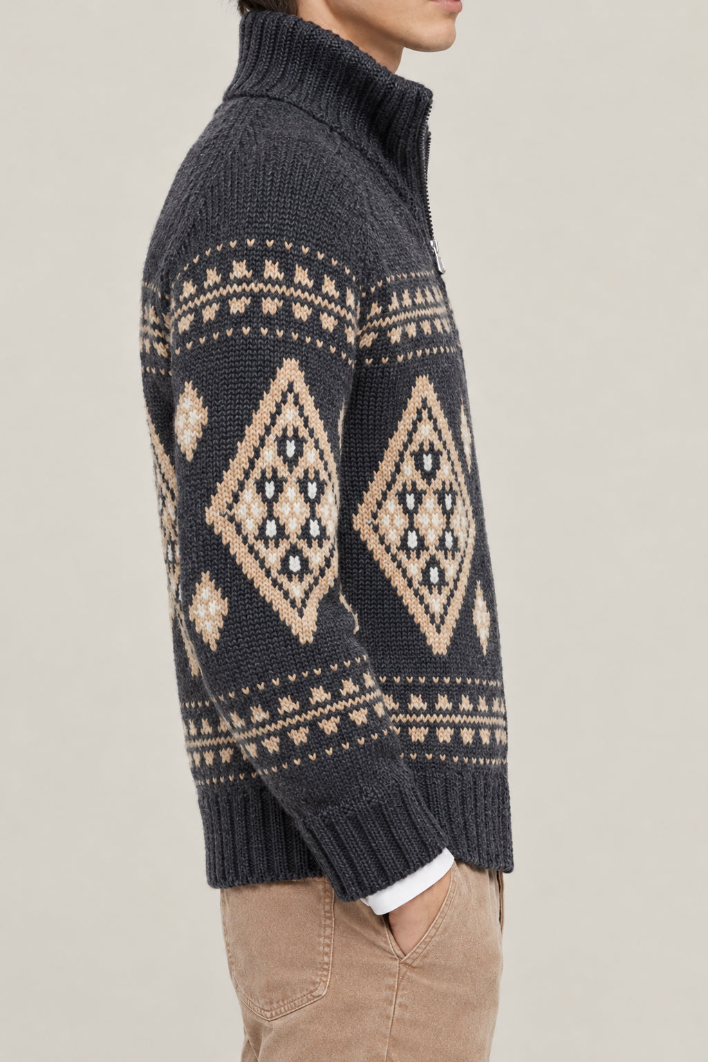 BRUNELLO CUCINELLI MEN'S BLACK STONE CAMEL WOOL ZIP FRONT PATTERNED SWEATER
