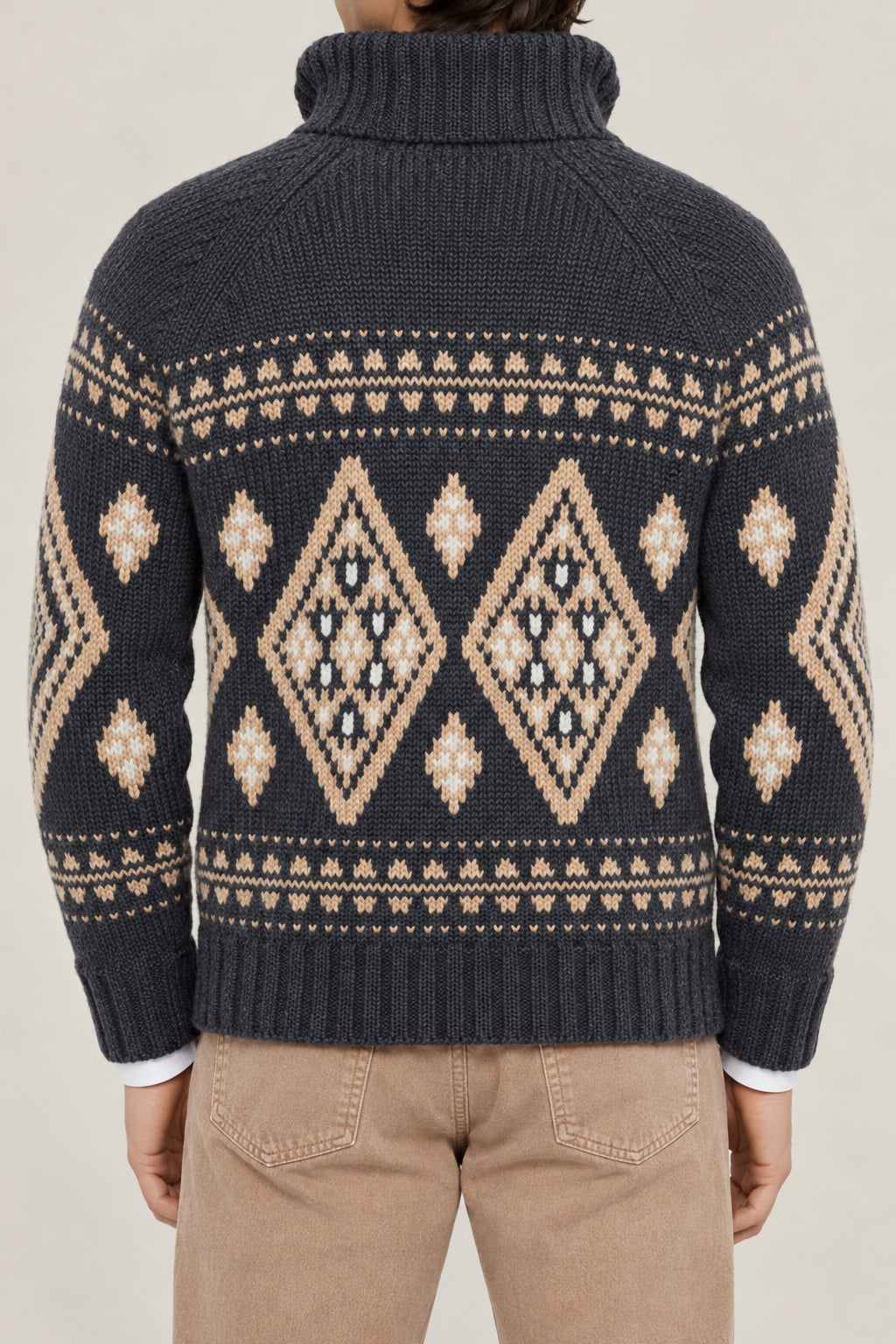 BRUNELLO CUCINELLI MEN'S BLACK STONE CAMEL WOOL ZIP FRONT PATTERNED SWEATER