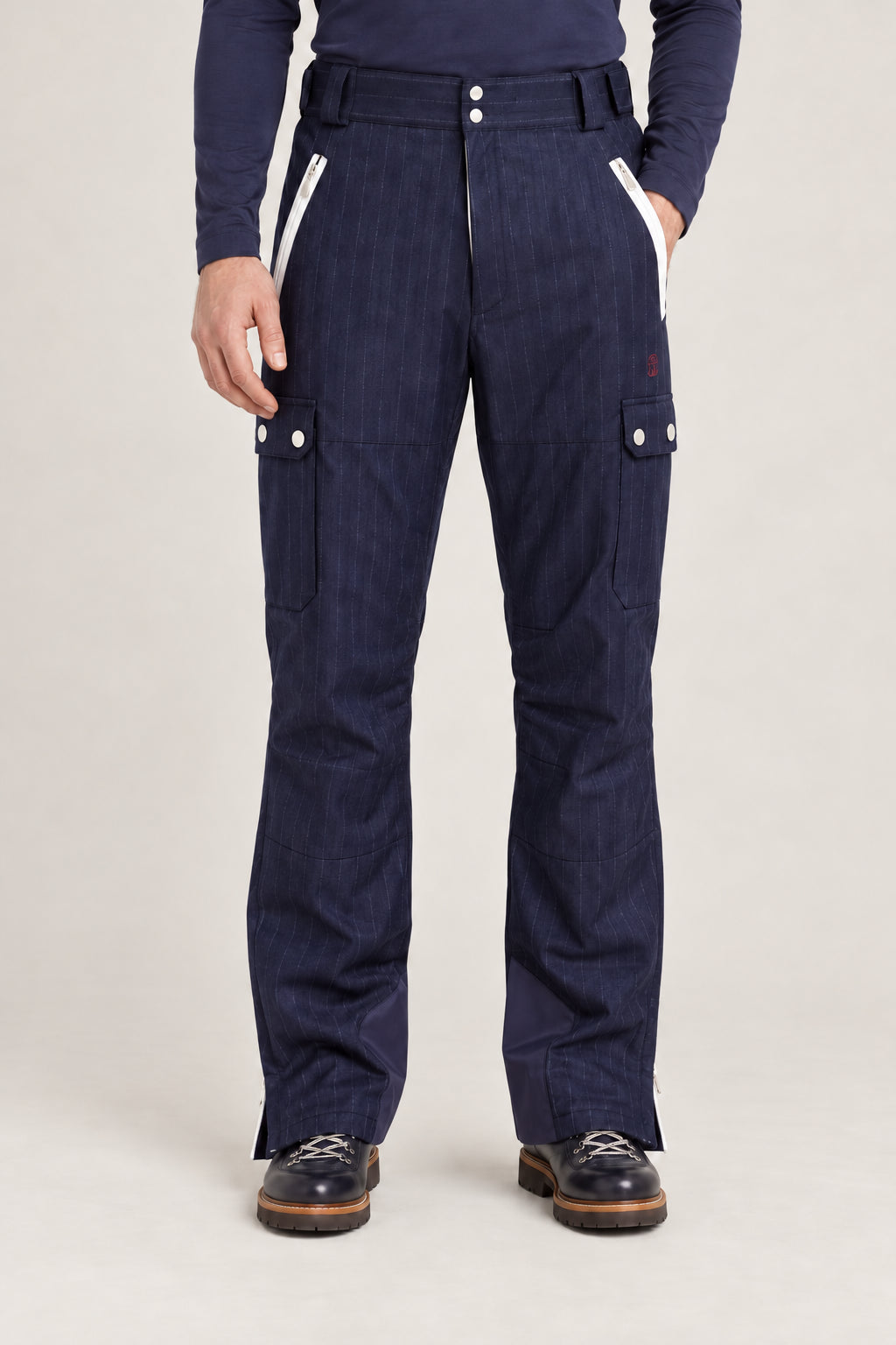 BRUNELLO CUCINELLI MEN'S BLUE PINSTRIPE WOOL CARGO TROUSERS