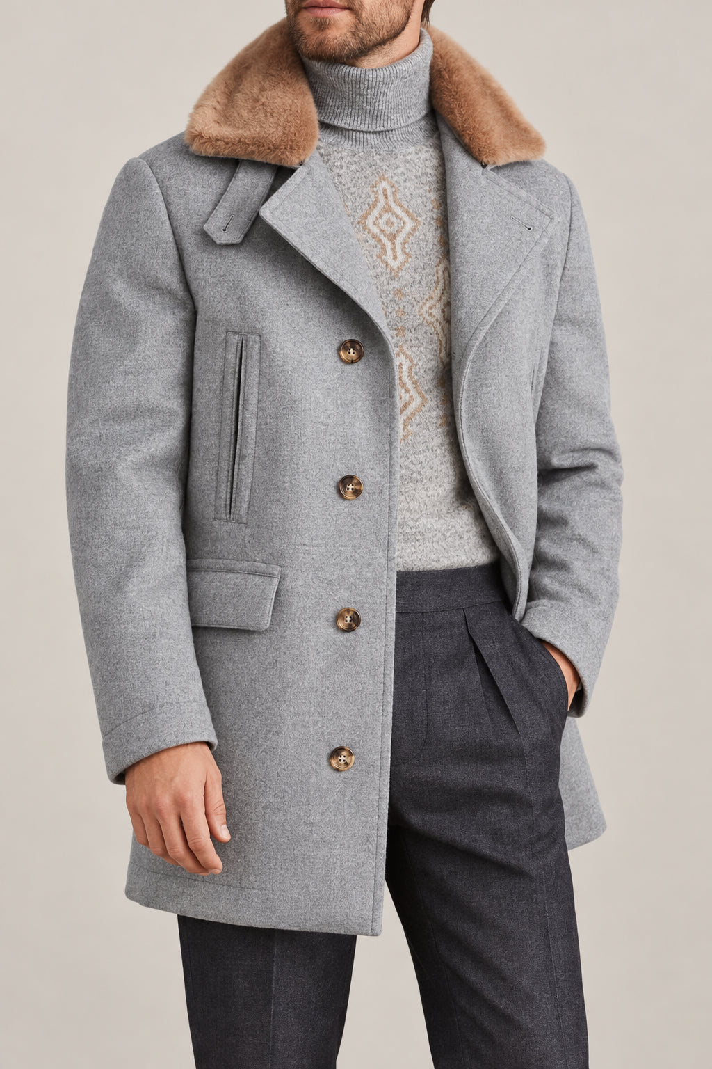BRUNELLO CUCINELLI MEN'S PEARL GREY WOOL JACKET WITH MINK COLLAR