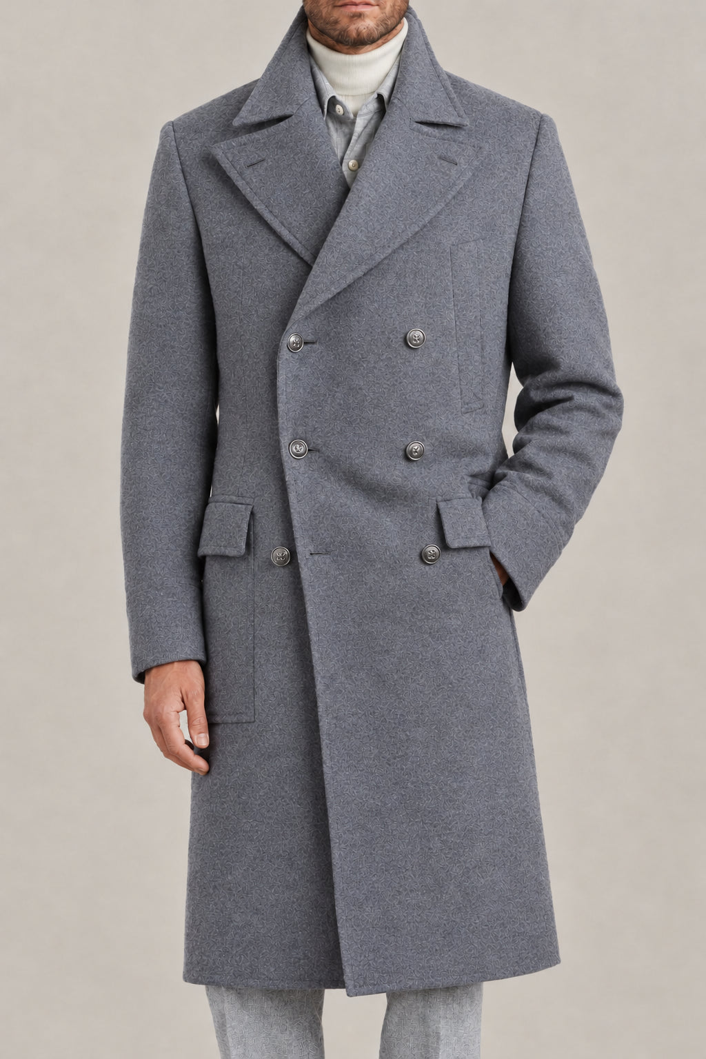 BRUNELLO CUCINELLI MEN'S GREY GREEN WOOL DOUBLE BREASTED COAT