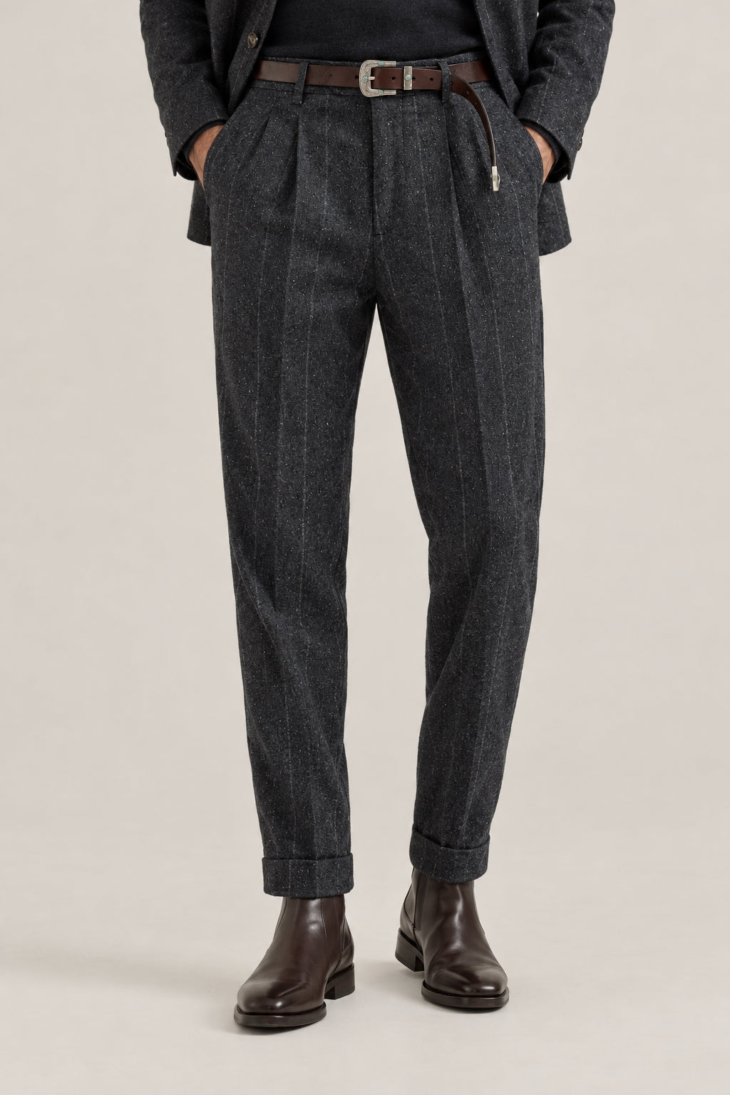 BRUNELLO CUCINELLI MEN'S ANTHRACITE WOOL SILK PINSTRIPE TROUSERS