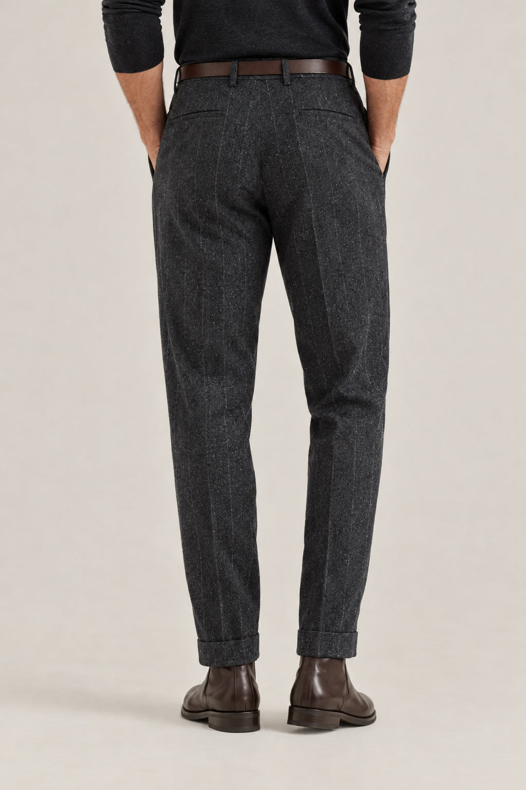 BRUNELLO CUCINELLI MEN'S ANTHRACITE WOOL SILK PINSTRIPE TROUSERS
