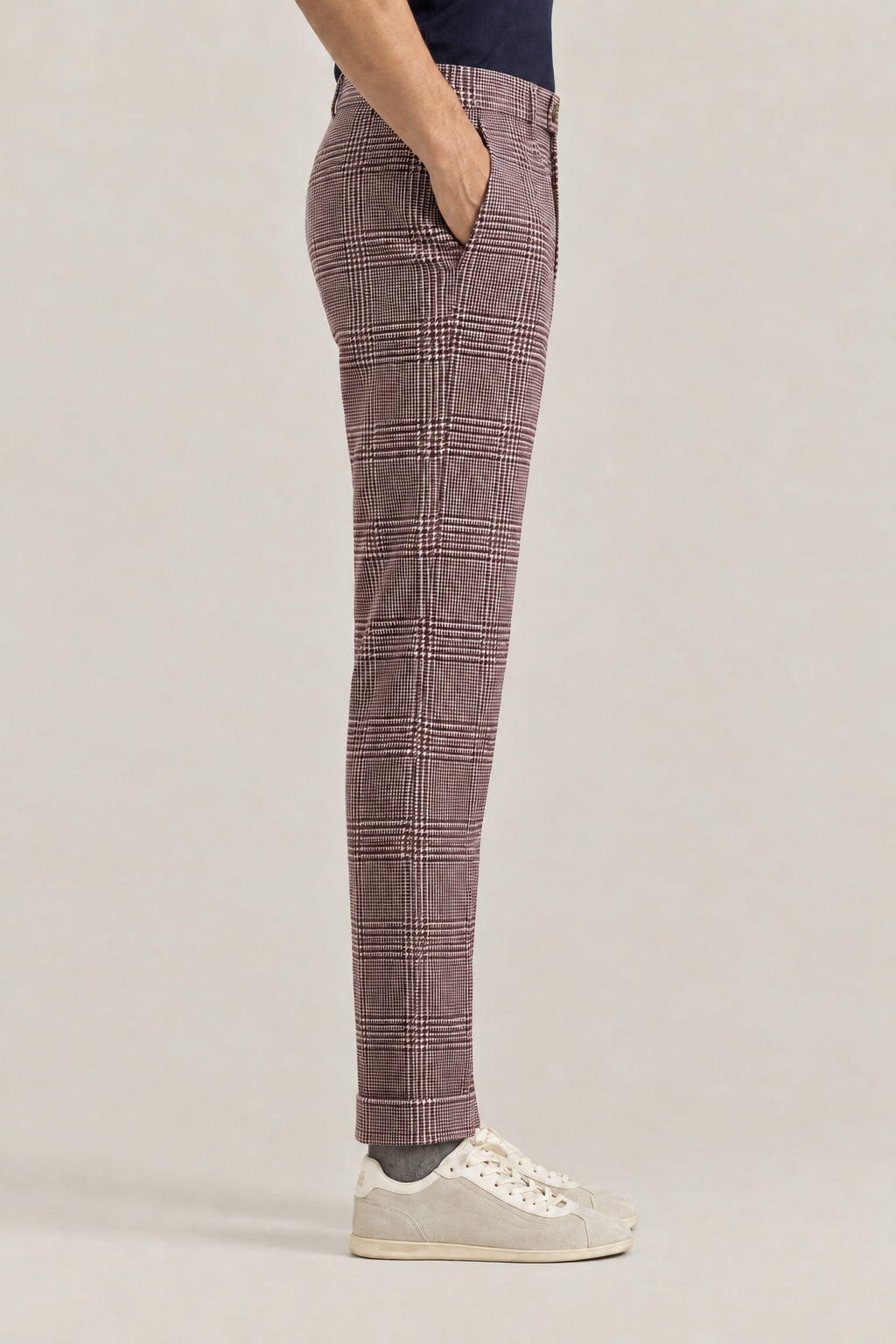 BRUNELLO CUCINELLI MEN'S PURPLE WOOL SILK BLEND CHECKED TROUSERS