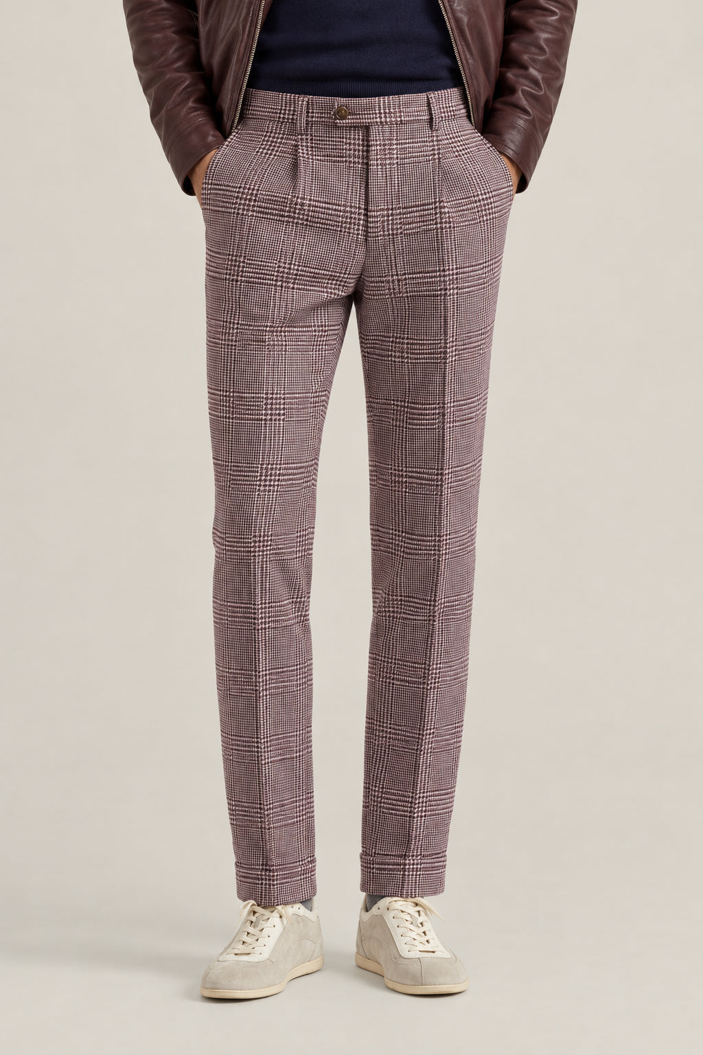 BRUNELLO CUCINELLI MEN'S PURPLE WOOL SILK BLEND CHECKED TROUSERS