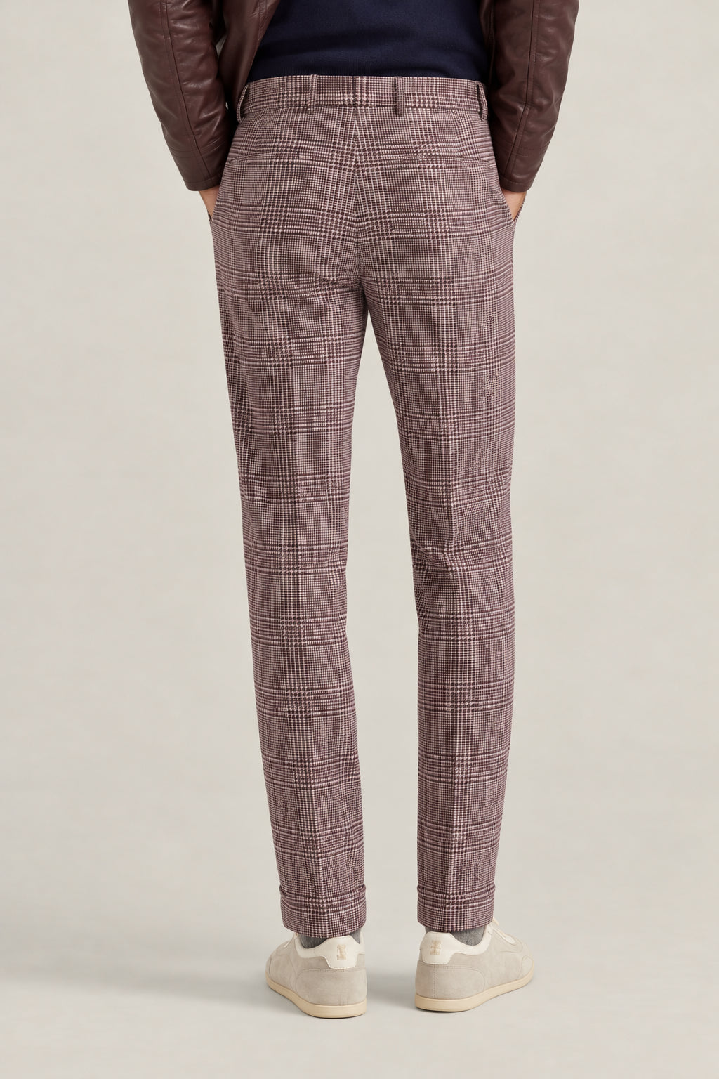 BRUNELLO CUCINELLI MEN'S PURPLE WOOL SILK BLEND CHECKED TROUSERS