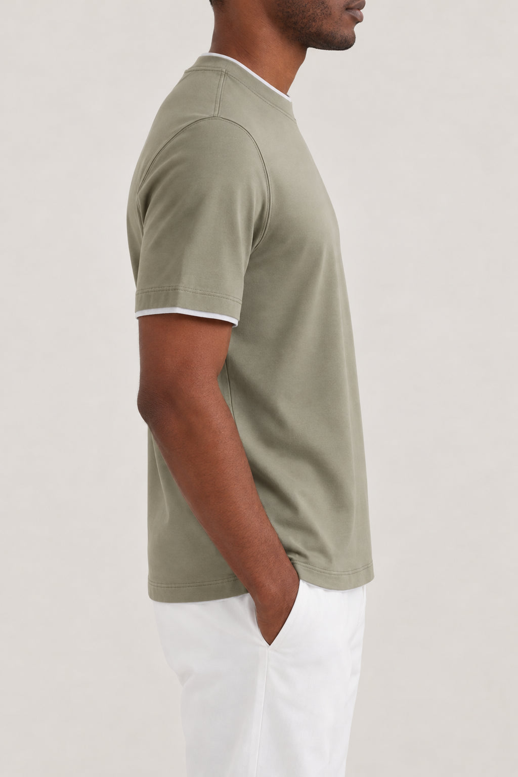 BRUNELLO CUCINELLI MEN'S OLIVE AND LIGHT GREY COTTON CREWNECK SHIRT