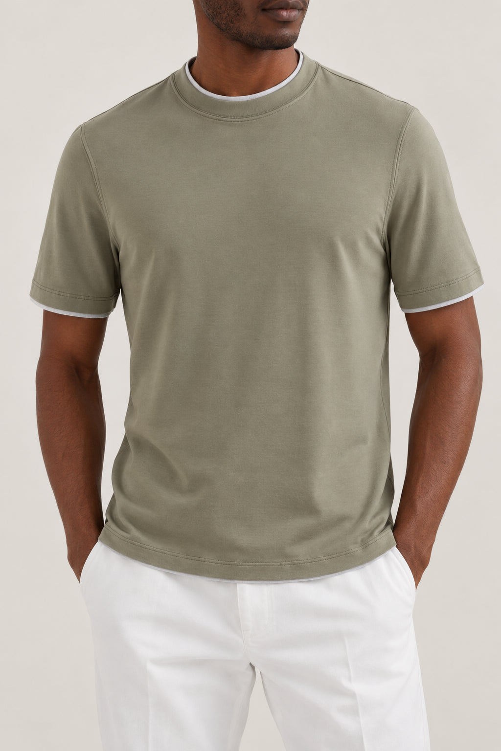 BRUNELLO CUCINELLI MEN'S OLIVE AND LIGHT GREY COTTON CREWNECK SHIRT