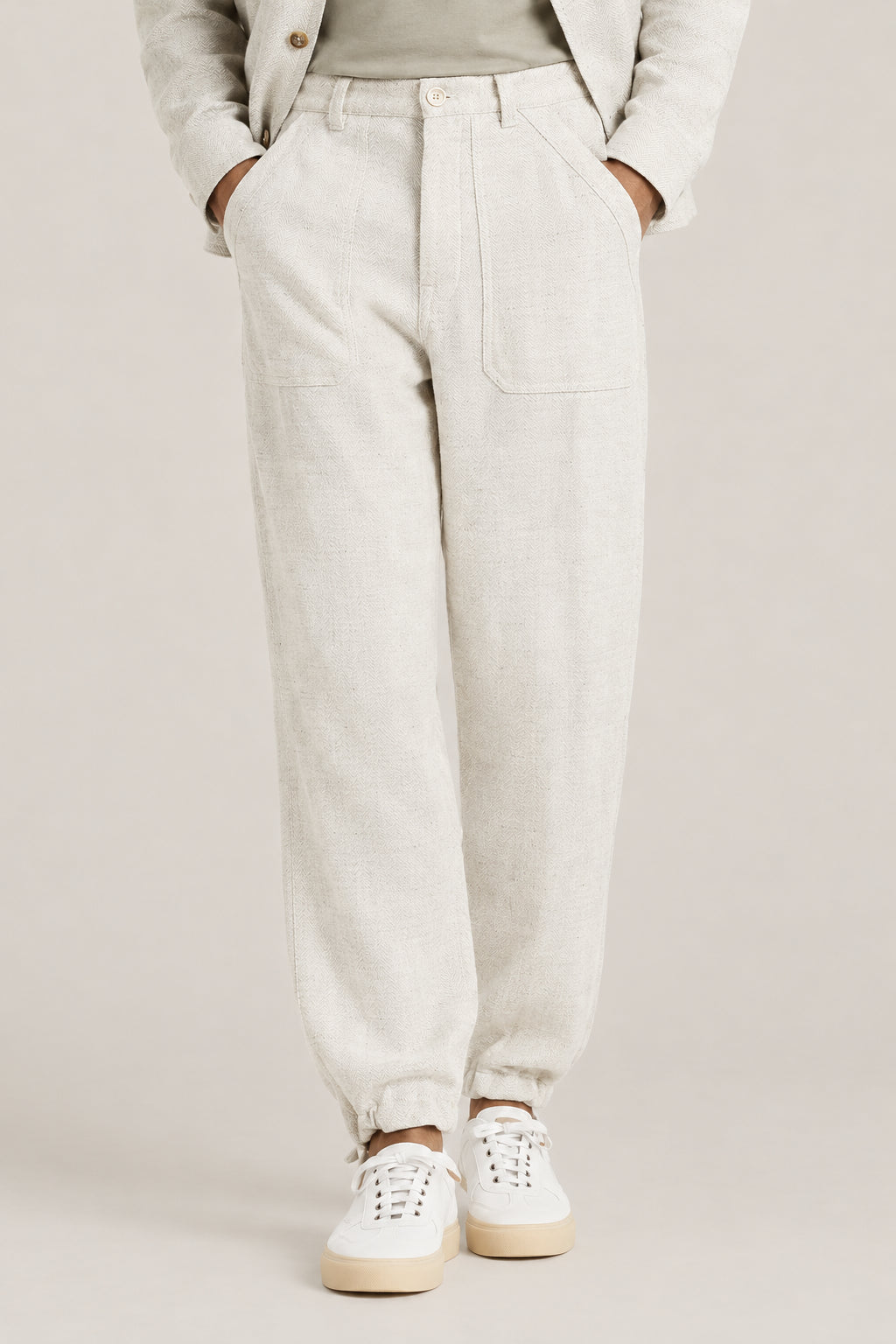 BRUNELLO CUCINELLI MEN'S ECRU LINEN WOOL BLEND RELAXED TROUSERS