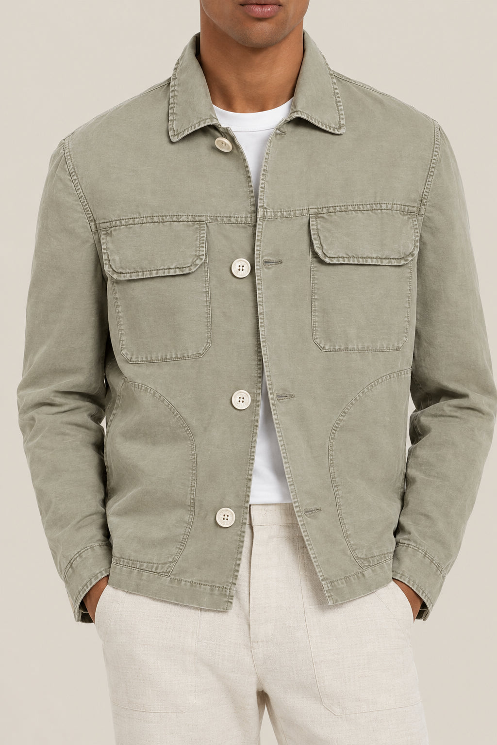 BRUNELLO CUCINELLI MEN'S SAGE COTTON LINEN PATCH POCKET JACKET