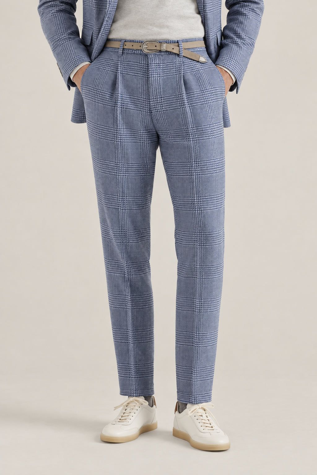 BRUNELLO CUCINELLI MEN'S CLOUD WOOL SILK LINEN CHECKED TROUSERS