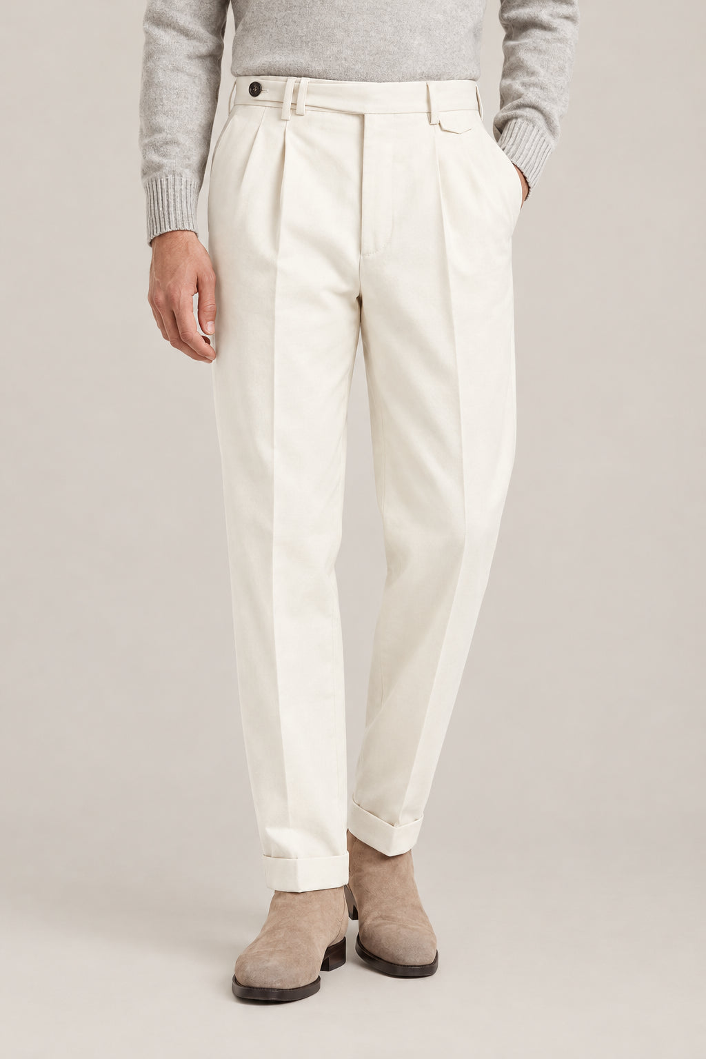 BRUNELLO CUCINELLI MEN'S ICE WOOL COTTON PLEATED TROUSERS