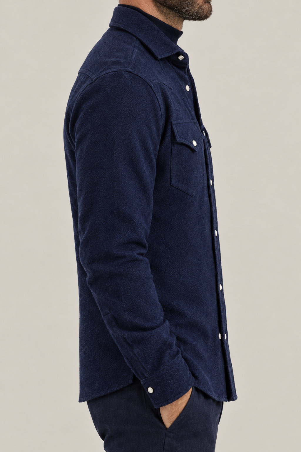 BRUNELLO CUCINELLI MEN'S NAVY WOOL BLEND WESTERN SHIRT