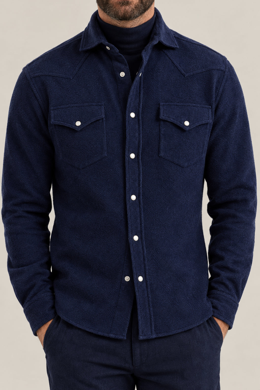 BRUNELLO CUCINELLI MEN'S NAVY WOOL BLEND WESTERN SHIRT
