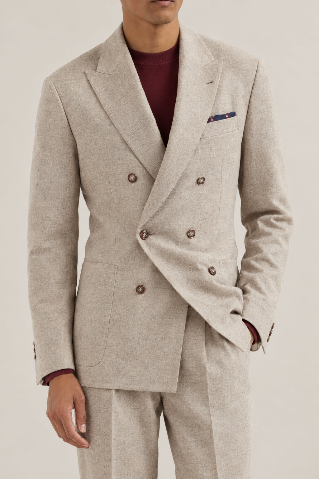 BRUNELLO CUCINELLI MEN'S BEIGE DOUBLE BREASTED WOOL SUIT
