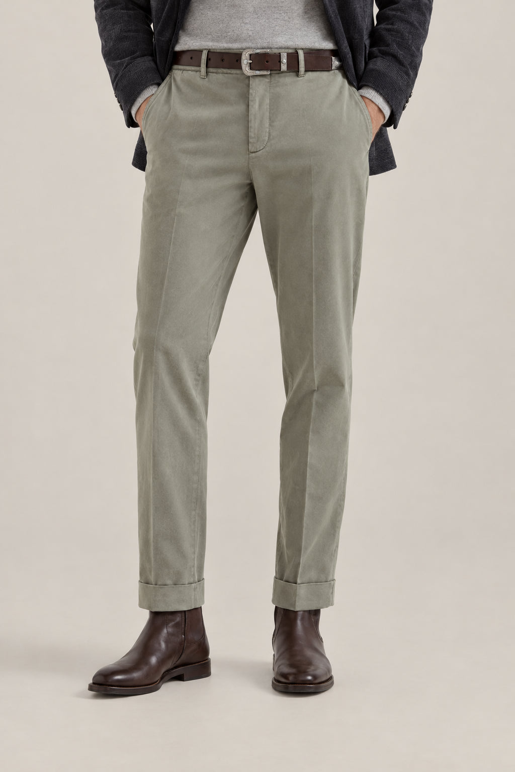 BRUNELLO CUCINELLI MEN'S KAKY OLD COTTON TROUSERS