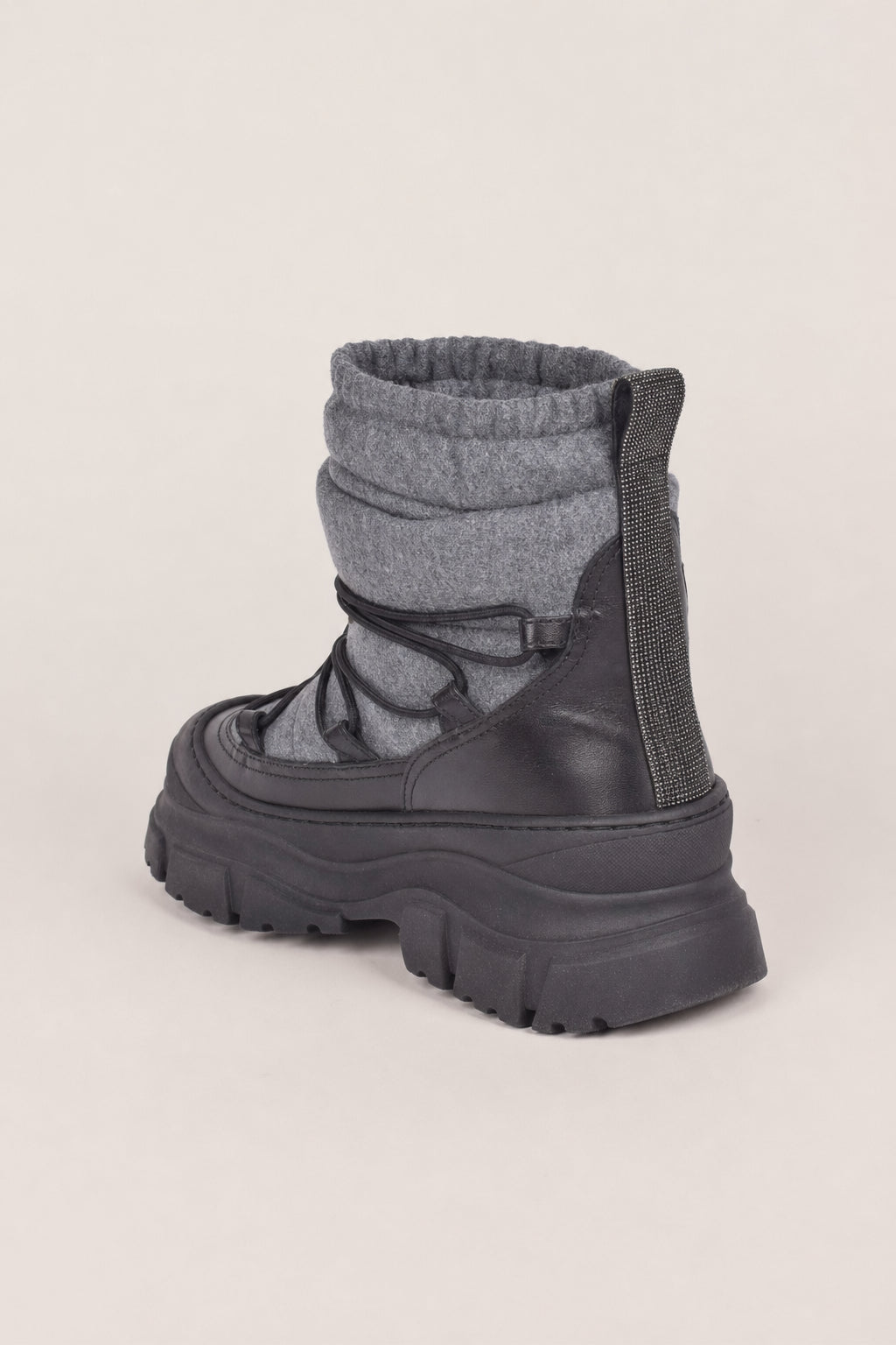 BRUNELLO CUCINELLI WOMEN'S BLACK LEATHER AND GREY FABRIC WINTER BOOTS
