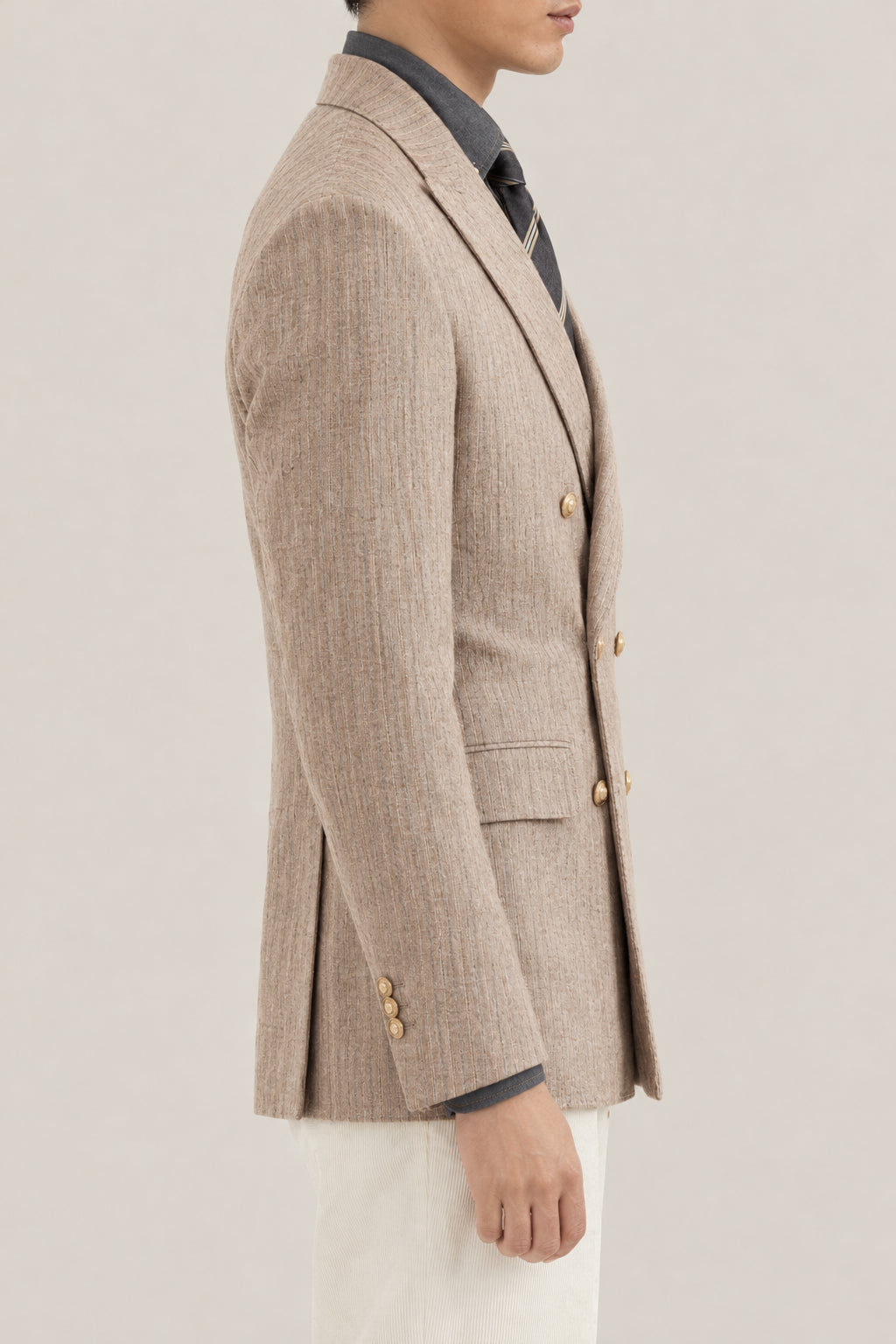 BRUNELLO CUCINELLI MEN'S SAND GREY DOUBLE BREASTED WOOL SILK BLAZER