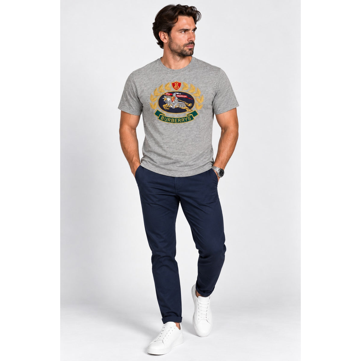 Burberry Gray Crew Neck Embroidered Archive Logo T Shirt