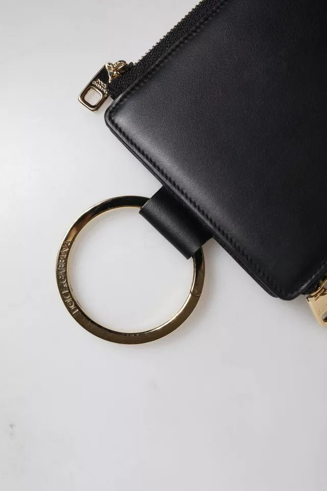 Dolce & Gabbana Black Leather Logo Plaque Neck Strap Card Coin Wallet