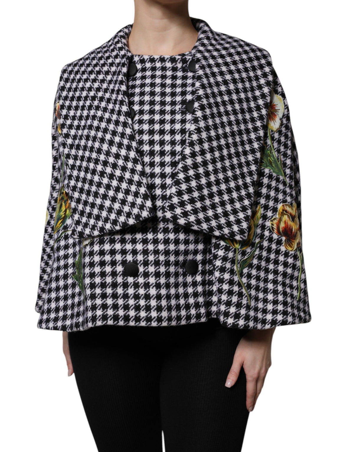 Dolce & Gabbana Black White Monochrome Patterned Floral Cape Jacket