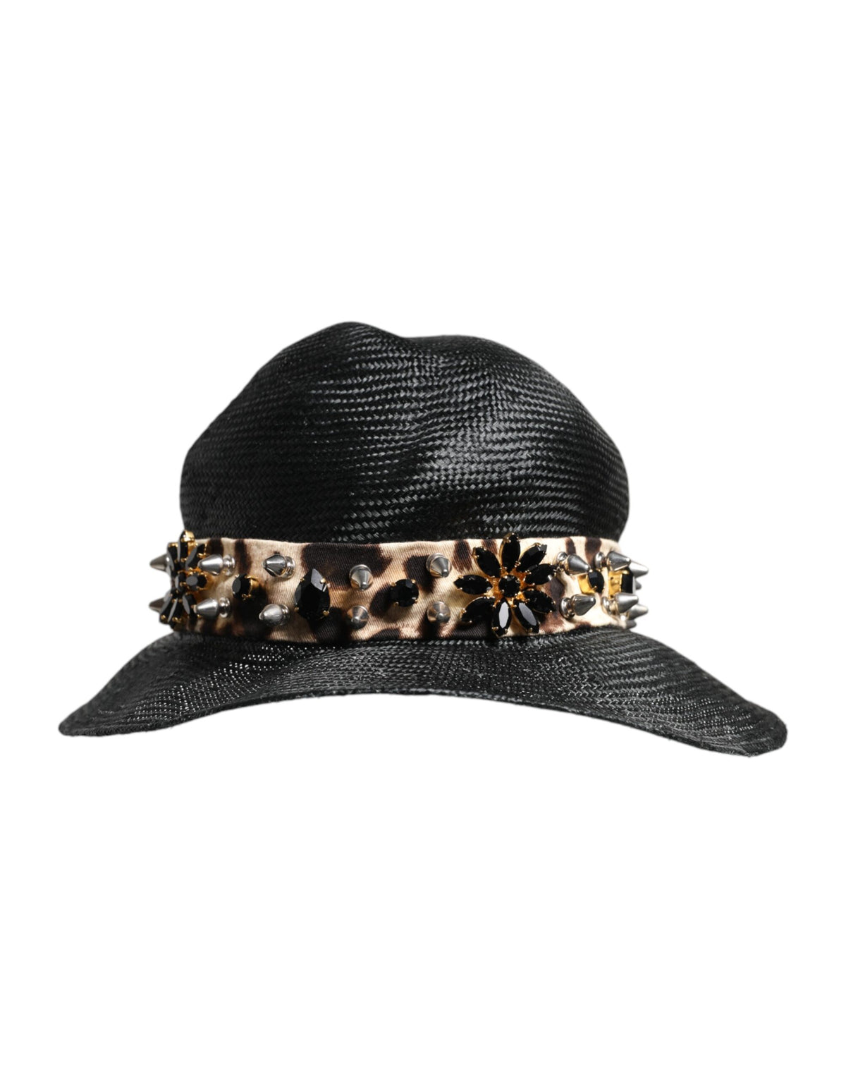 Dolce & Gabbana Black Straw Crystal Embellished Wide Brim Hat