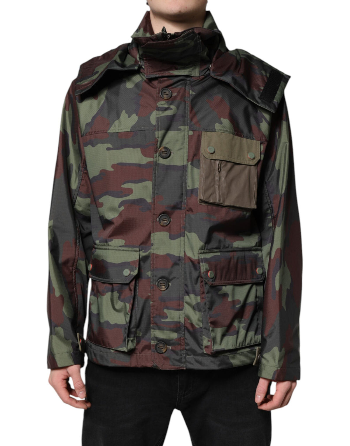 Dolce & Gabbana Multicolor Camouflage Button Hooded Jacket