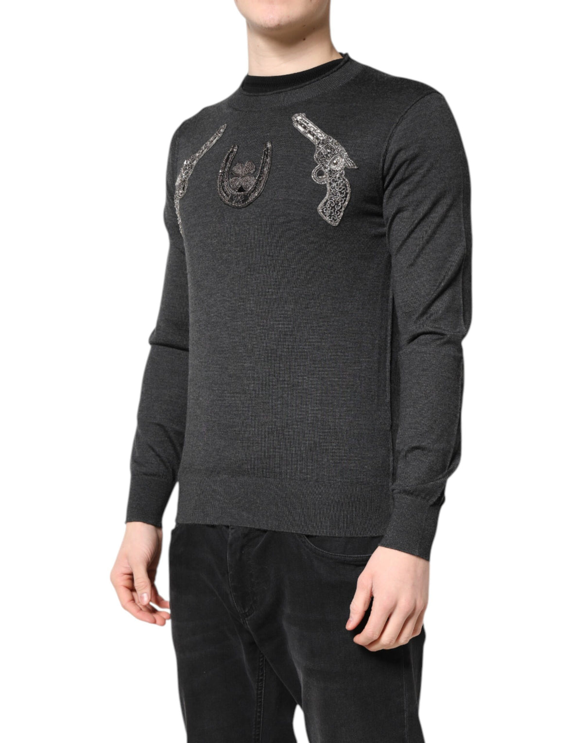 Dolce & Gabbana Gray Embroidery Knit Men Pullover Sweater