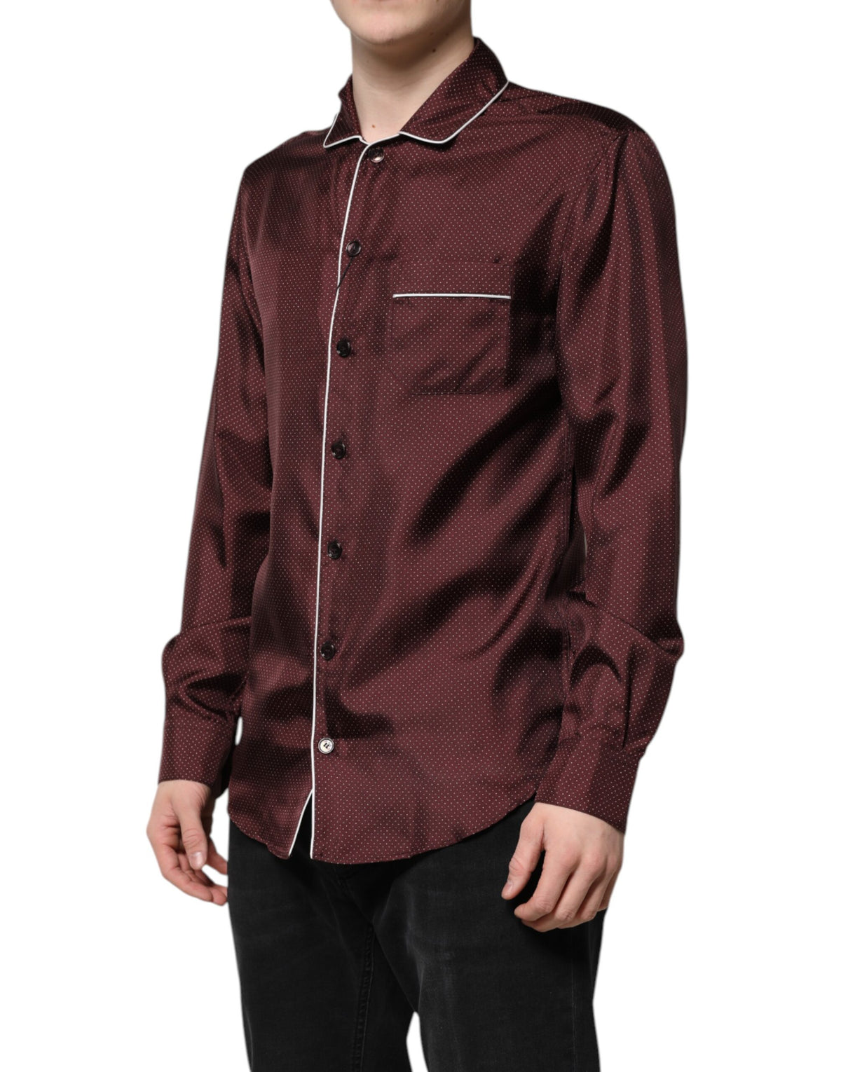 Dolce & Gabbana Burgundy Silk Dotted Long Sleeves Shirt