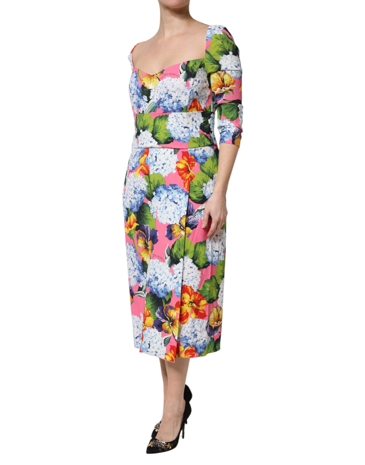 Dolce & Gabbana Multicolor Floral Pleated Sheath Midi  Dress