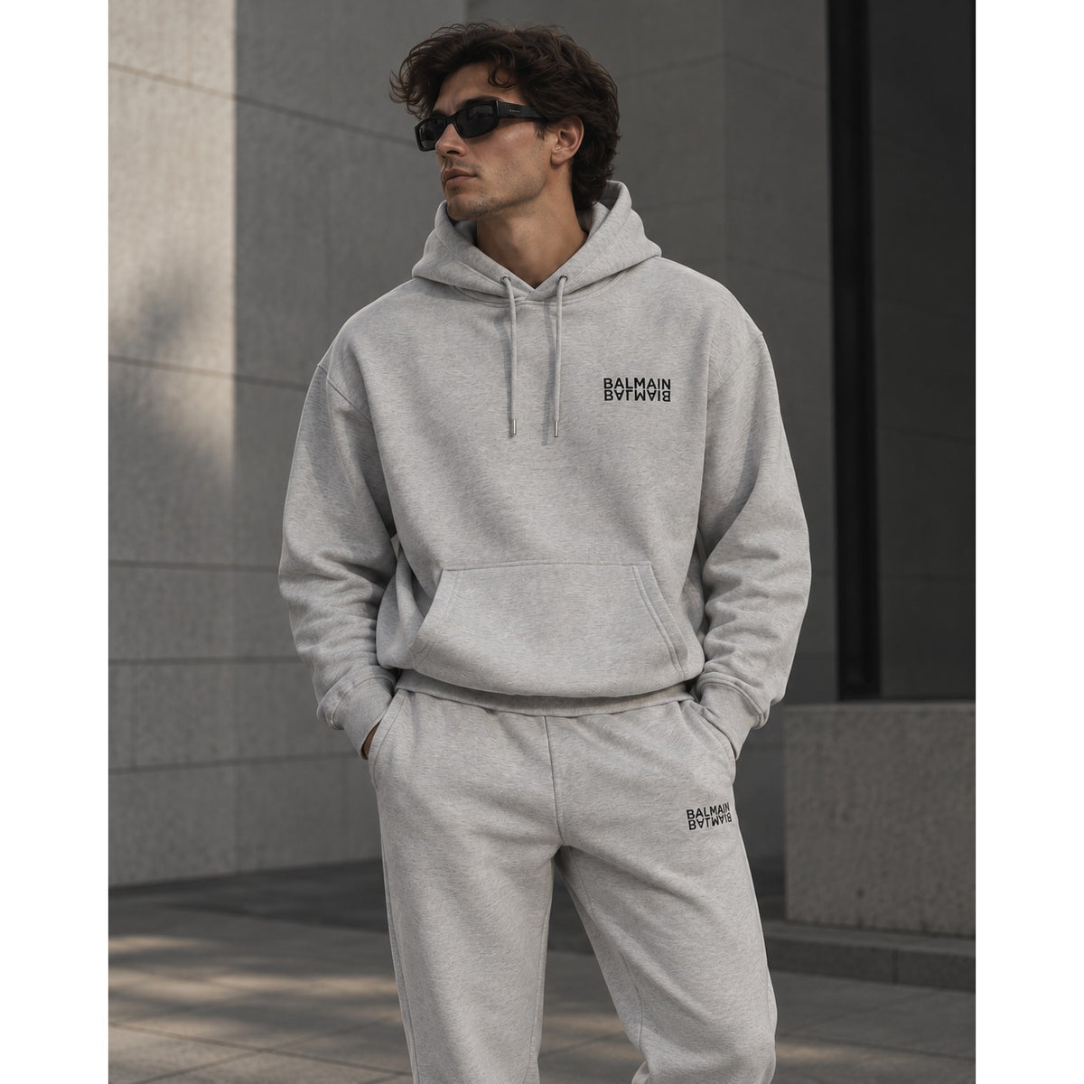 Balmain Gray Logo Motif Hoodie